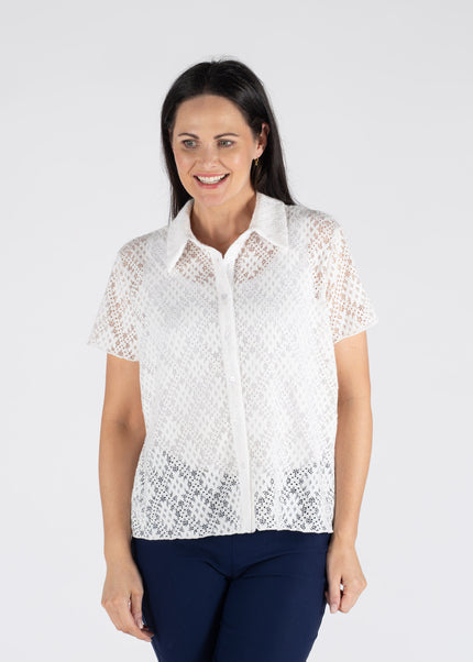 CRISS CROSS LACE BLOUSE COLLAR SHORT SLEEVE
