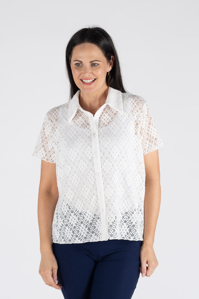 CRISS CROSS LACE BLOUSE COLLAR SHORT SLEEVE