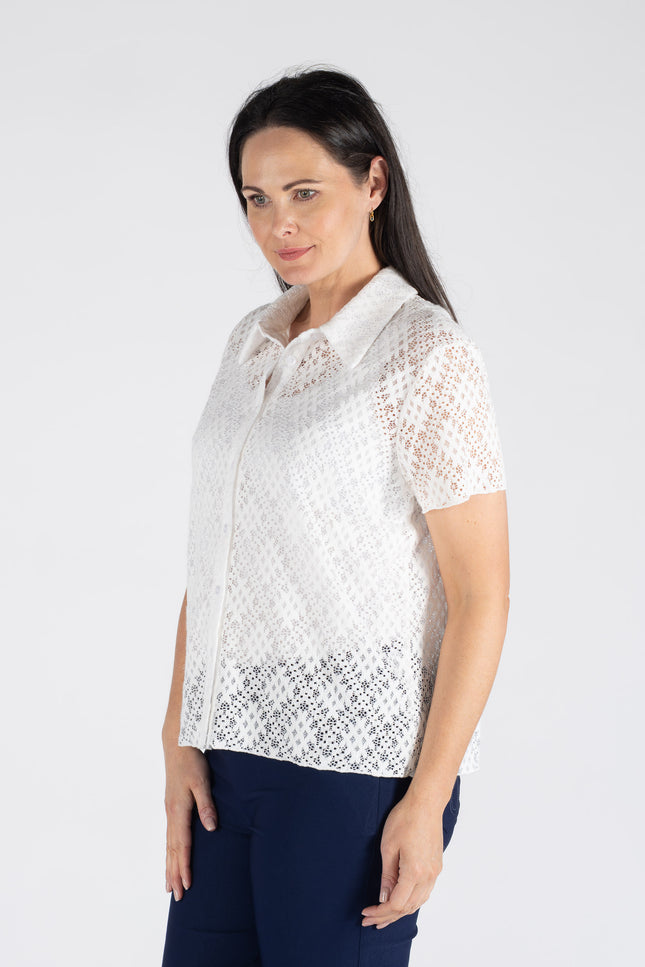 CRISS CROSS LACE BLOUSE COLLAR SHORT SLEEVE