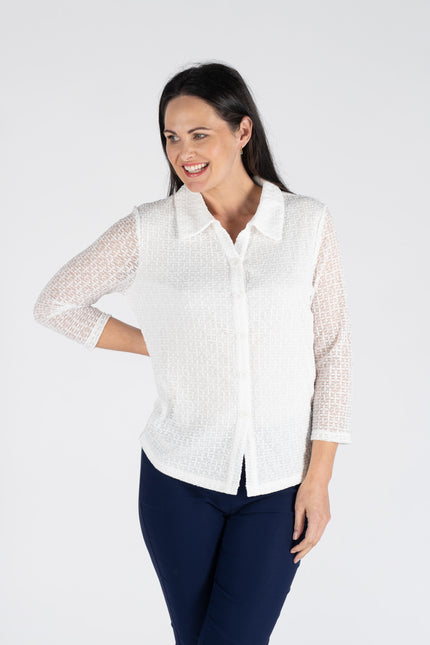 TEXTURED LACE BLOUSE WITH COLLAR 3/4 SLEEVE