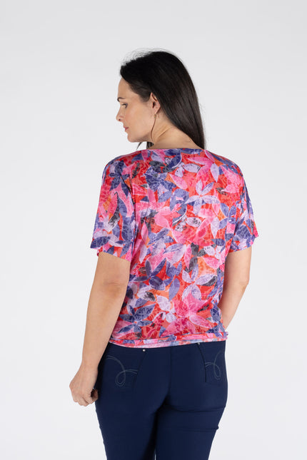 FLOWER PRINT TIE FRONT BLOUSE WITH SHORT SLEEVE