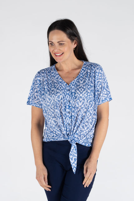 BLUE PRINT TIE FRONT BLOUSE WITH SHORT SLEEVE