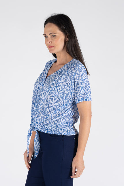 BLUE PRINT TIE FRONT BLOUSE WITH SHORT SLEEVE