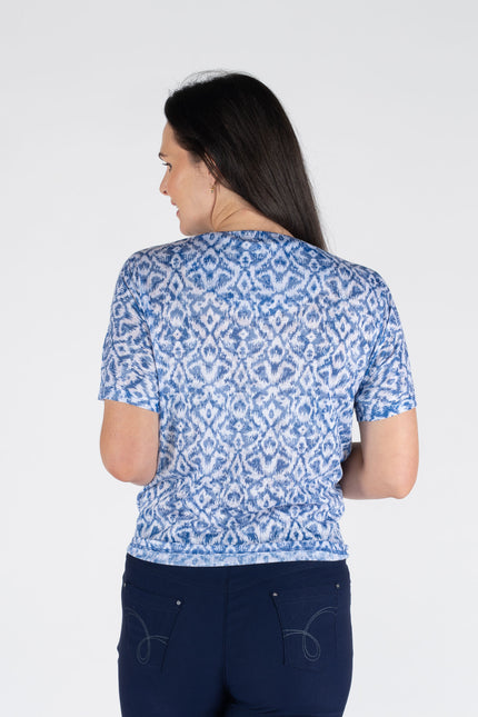 BLUE PRINT TIE FRONT BLOUSE WITH SHORT SLEEVE