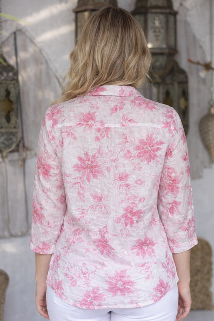 PINK FLORAL PRINT LONGLINE BLOUSE 3/4 SLEEVE