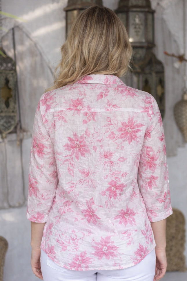 PINK FLORAL PRINT LONGLINE BLOUSE 3/4 SLEEVE