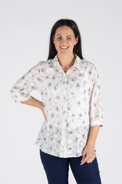 WHITE LILAC PRINTED SCHIFFLY BLOUSE 3/4 SLEEVE