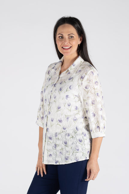 WHITE LILAC PRINTED SCHIFFLY BLOUSE 3/4 SLEEVE