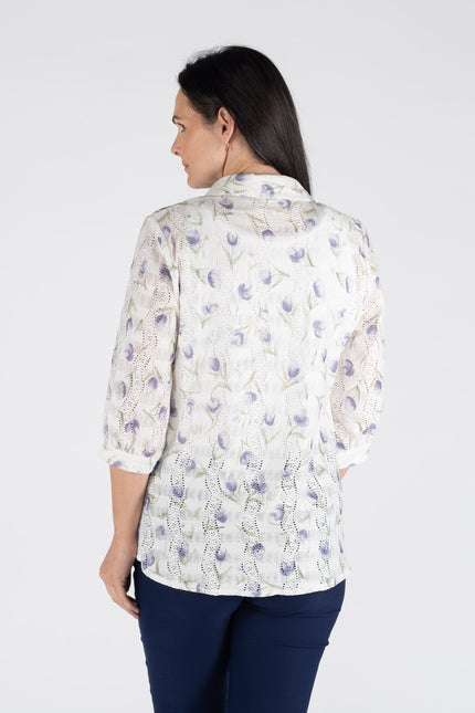 WHITE LILAC PRINTED SCHIFFLY BLOUSE 3/4 SLEEVE