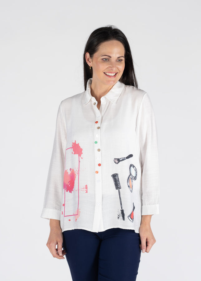 Blouse cosmetics print fancy button long sleeve