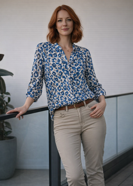 BLUE ANIMAL PRINT BLOUSE WITH 3/4 SLEEVE
