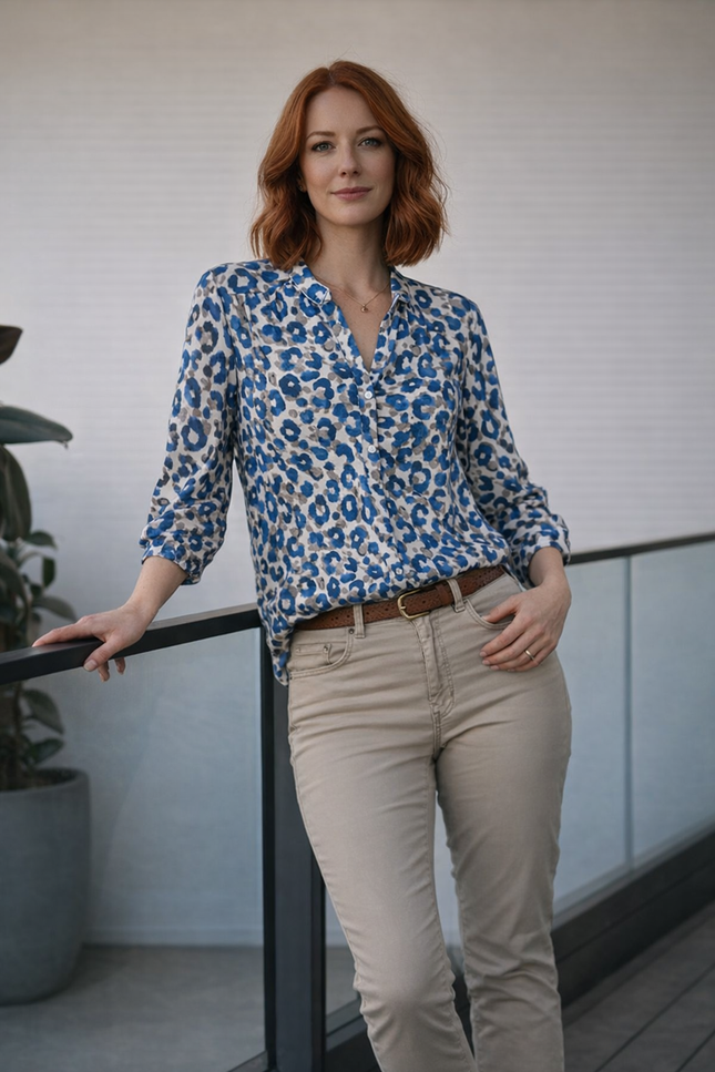 BLUE ANIMAL PRINT BLOUSE WITH 3/4 SLEEVE