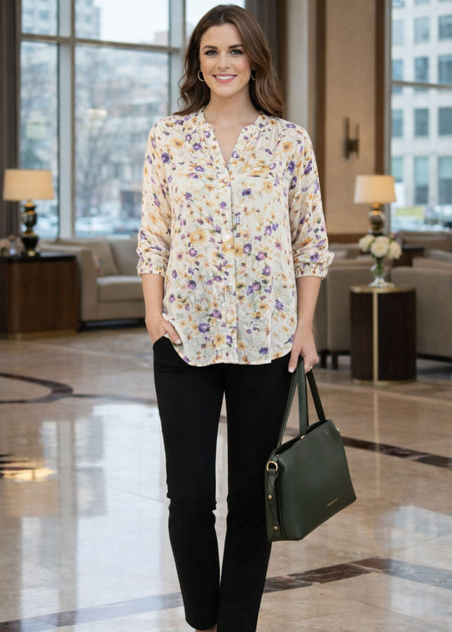 Blouse ivory multi with elasticated cuff