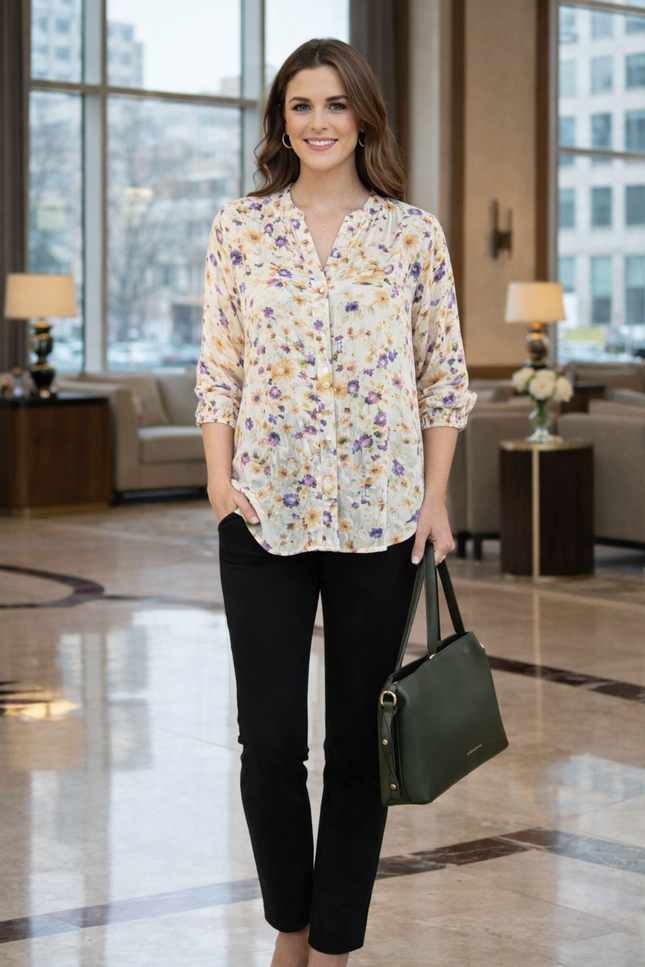 IVORY MULTI BLOUSE WITH ELASTICATED CUFF WITH 3/4 SLEEVE