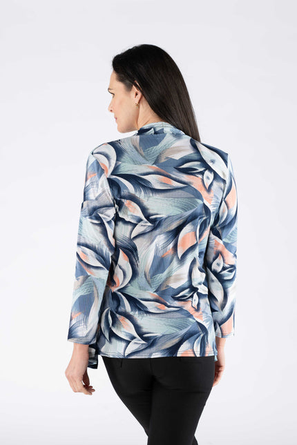 MULTI PRINT WATERFALL MOCK CARDIGAN WITH 3/4 SLEEVE