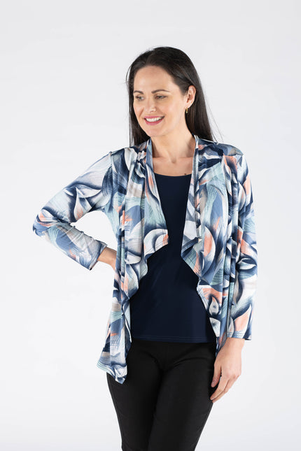 MULTI PRINT WATERFALL MOCK CARDIGAN WITH 3/4 SLEEVE