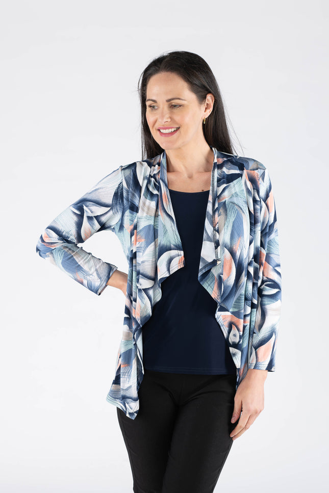 MULTI PRINT WATERFALL MOCK CARDIGAN WITH 3/4 SLEEVE
