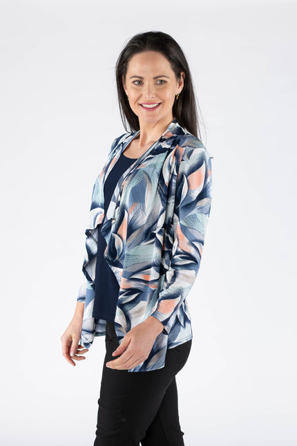 MULTI PRINT WATERFALL MOCK CARDIGAN WITH 3/4 SLEEVE