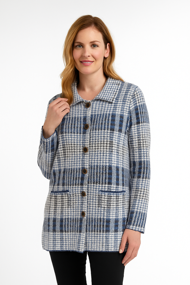 CHECK PATTERN FRONT POCKET CARDIGAN