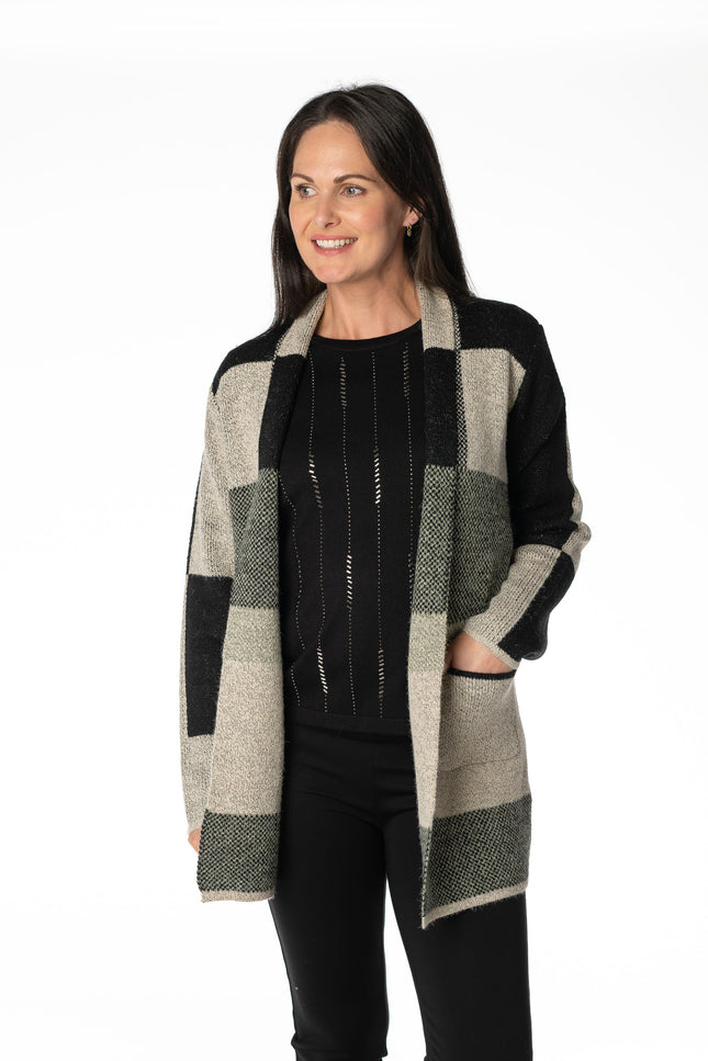 KHAKI BLOCK PATTERN LONG SLEEVE CARDIGAN