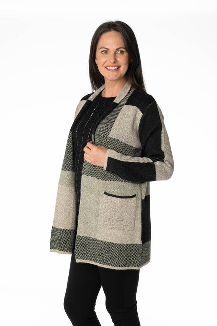 KHAKI BLOCK PATTERN LONG SLEEVE CARDIGAN