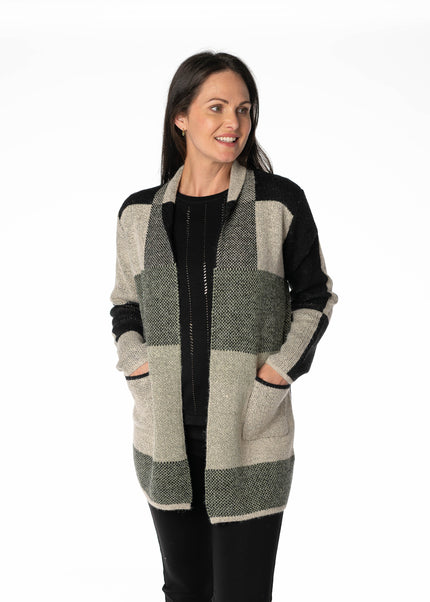 KHAKI BLOCK PATTERN LONG SLEEVE CARDIGAN