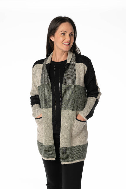 KHAKI BLOCK PATTERN LONG SLEEVE CARDIGAN