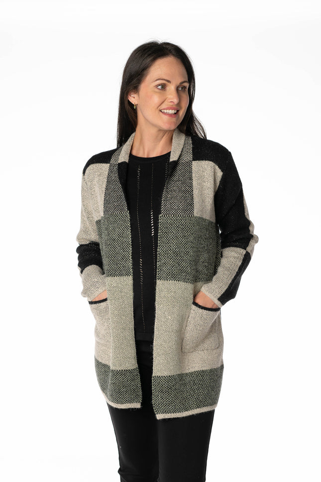 KHAKI BLOCK PATTERN LONG SLEEVE CARDIGAN