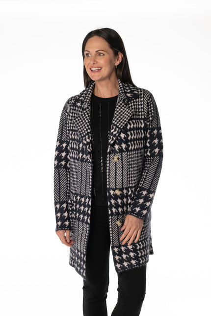 NAVY CHECK PATTERN CARDIGAN LONG SLEEVE