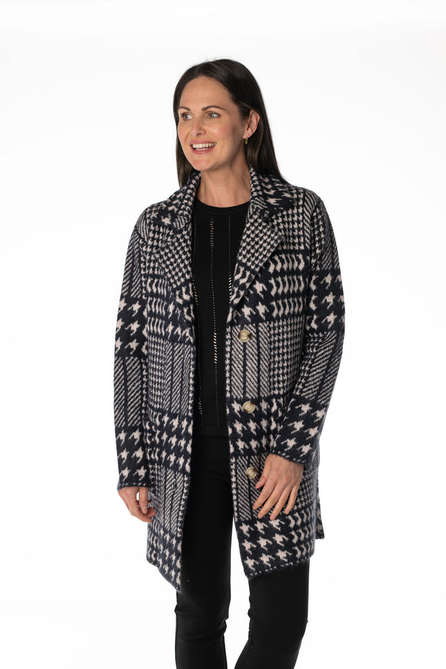 NAVY CHECK PATTERN CARDIGAN LONG SLEEVE