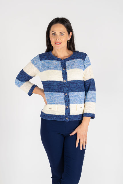 BLUE MULTI STRIPE CARDI POCKET DETAIL 3/4