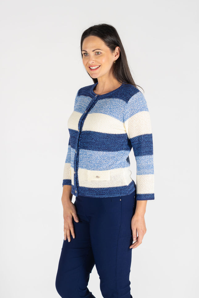BLUE MULTI STRIPE CARDI POCKET DETAIL 3/4