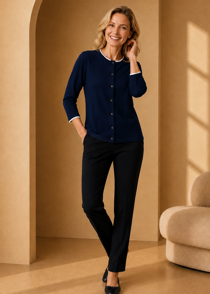 Cardigan contrast edge to edge round neck 3/4 sleeve