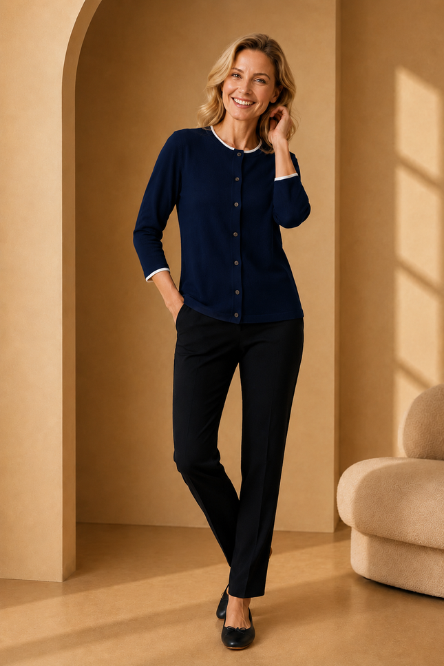 Cardigan contrast edge to edge round neck 3/4 sleeve