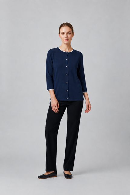 Cardigan contrast edge to edge round neck 3/4 sleeve
