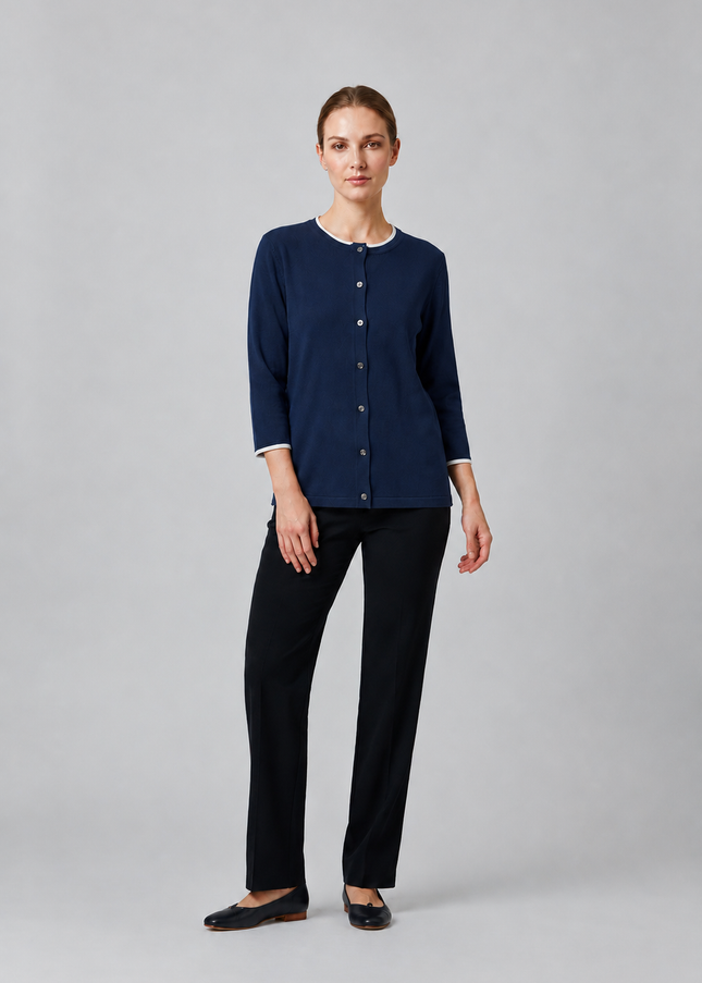 Cardigan contrast edge to edge round neck 3/4 sleeve