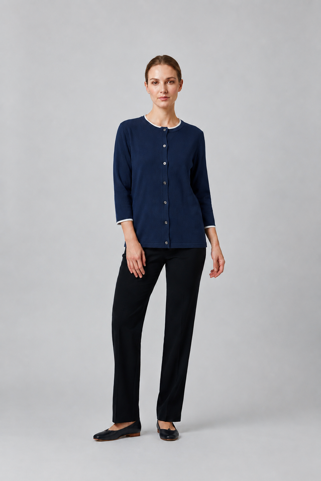 Cardigan contrast edge to edge round neck 3/4 sleeve