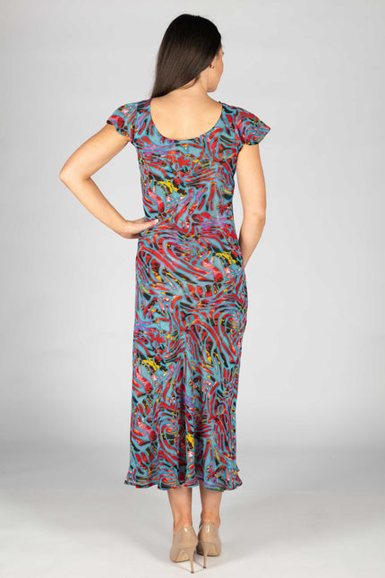 RED PRINT CAP SLEEVE 52 INCH LONG