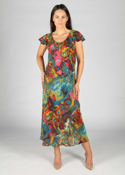 RED PRINT CAP SLEEVE 52 INCH LONG