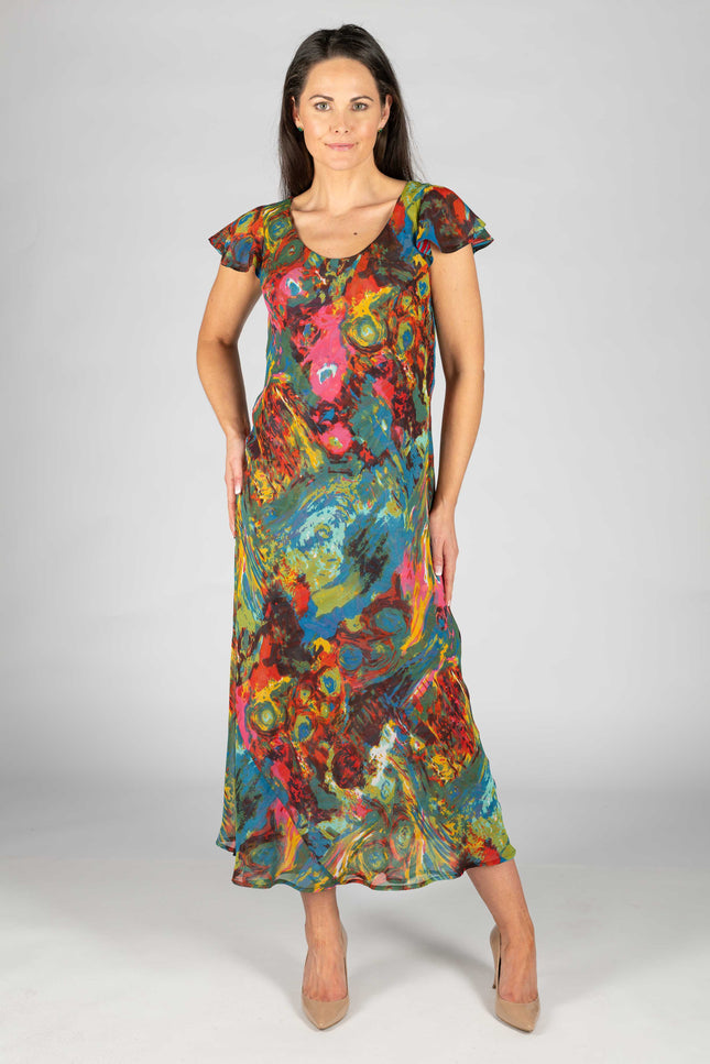 RED PRINT CAP SLEEVE 52 INCH LONG