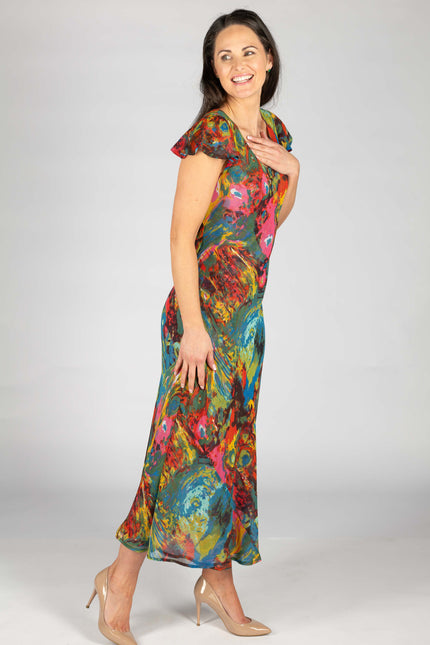 RED PRINT CAP SLEEVE 52 INCH LONG