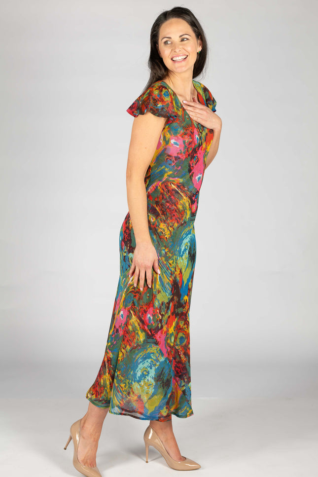 RED PRINT CAP SLEEVE 52 INCH LONG