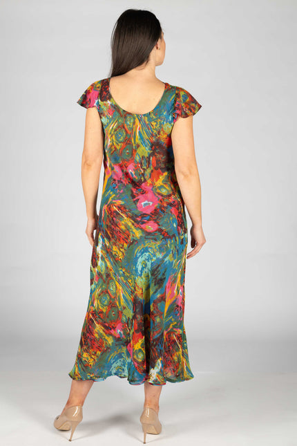 RED PRINT CAP SLEEVE 52 INCH LONG