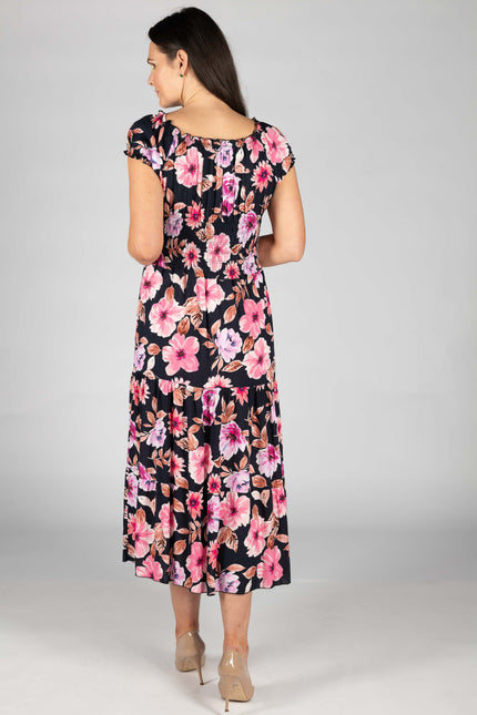 PRINTED GATHERED CAP SLEEVE DRESS