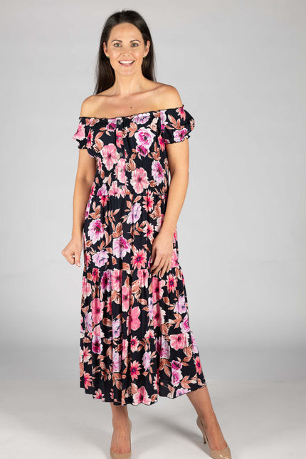 PRINTED GATHERED CAP SLEEVE DRESS