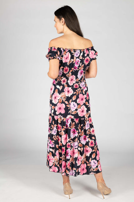 PRINTED GATHERED CAP SLEEVE DRESS