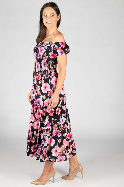 PRINTED GATHERED CAP SLEEVE DRESS