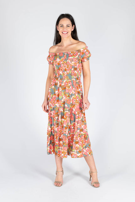 GATHERED NECKLINE PRINTED DRESS CAP SLEEVE