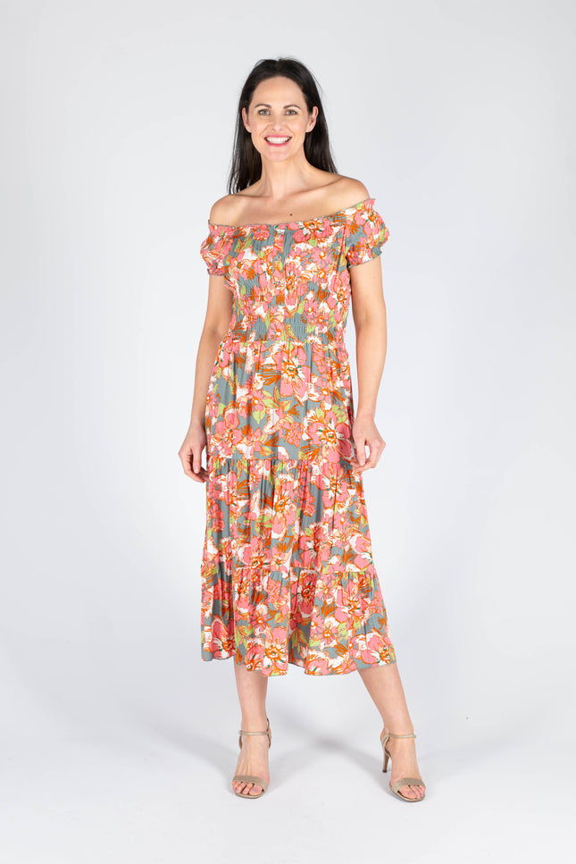GATHERED NECKLINE PRINTED DRESS CAP SLEEVE