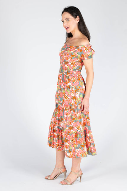 GATHERED NECKLINE PRINTED DRESS CAP SLEEVE